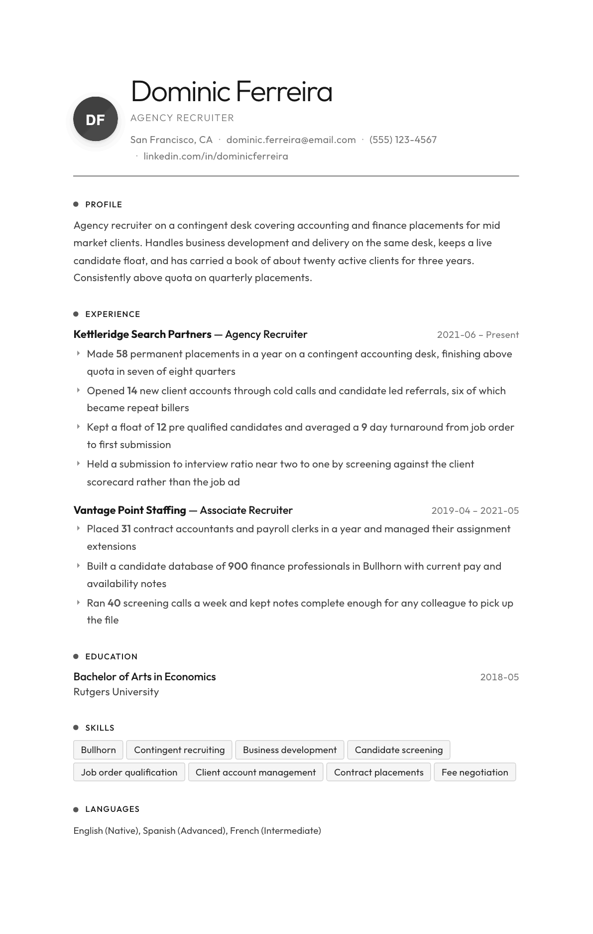Agency Recruiter resume example, Flux template