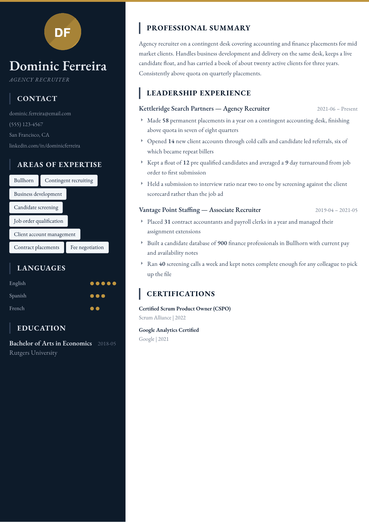 Agency Recruiter resume example, Presidio template