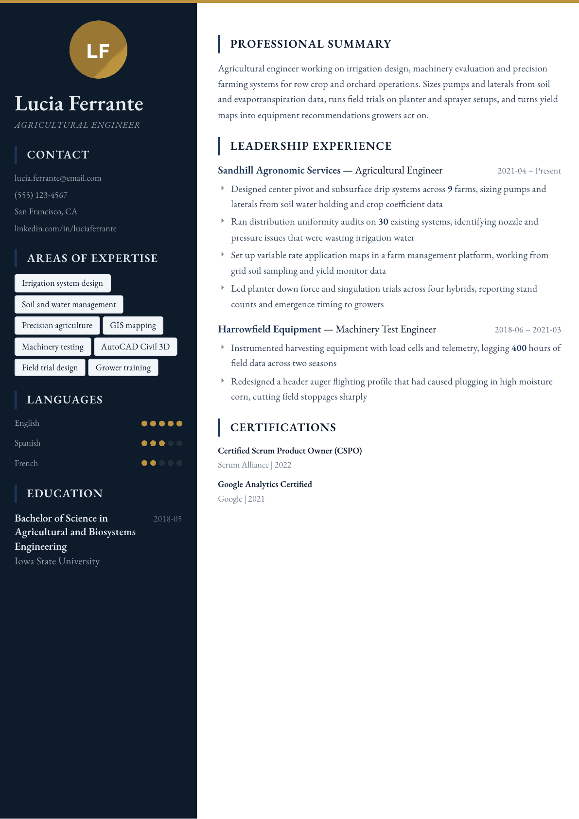 Agricultural Engineer resume example, Presidio template