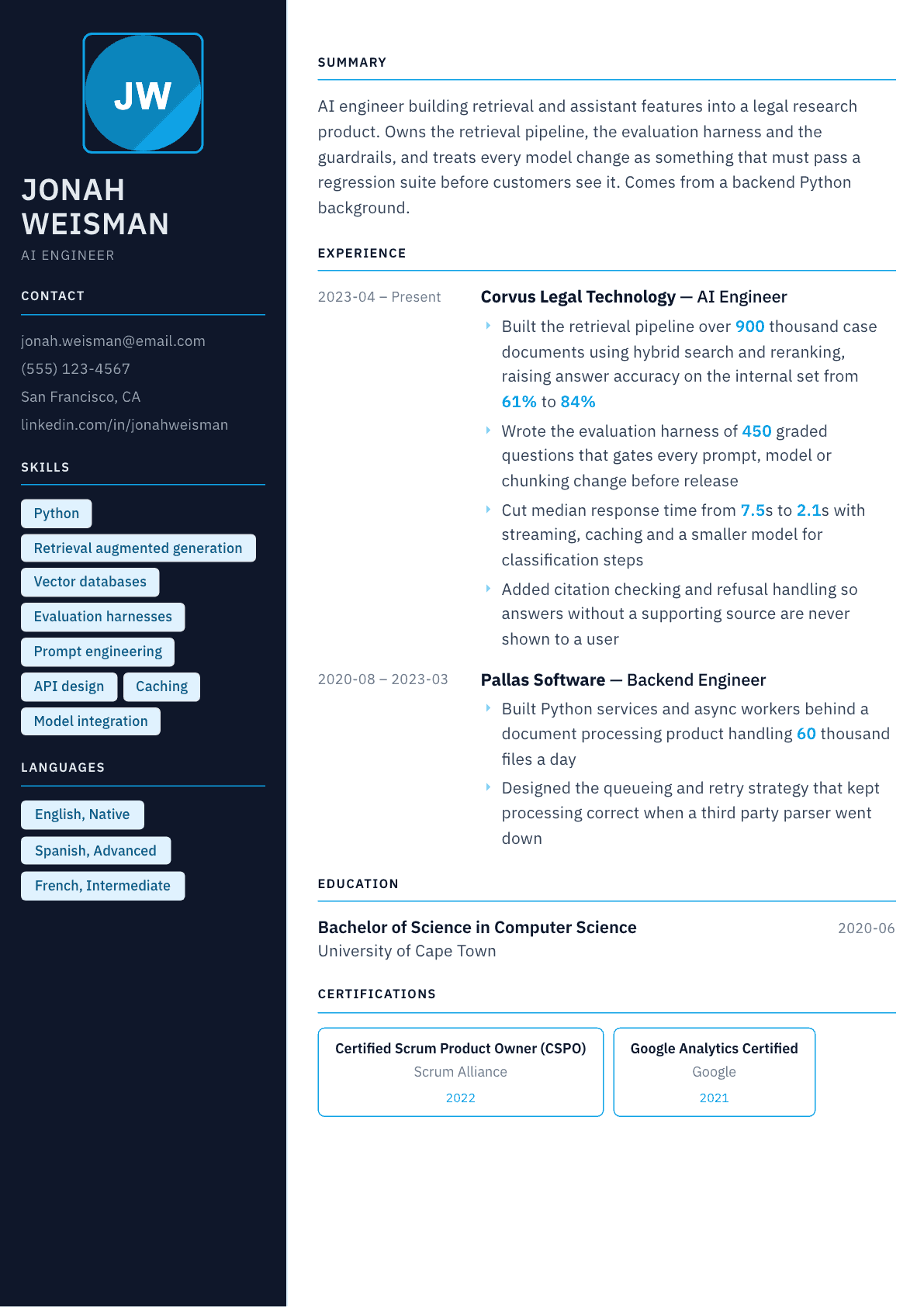 AI Engineer resume example, Everest template
