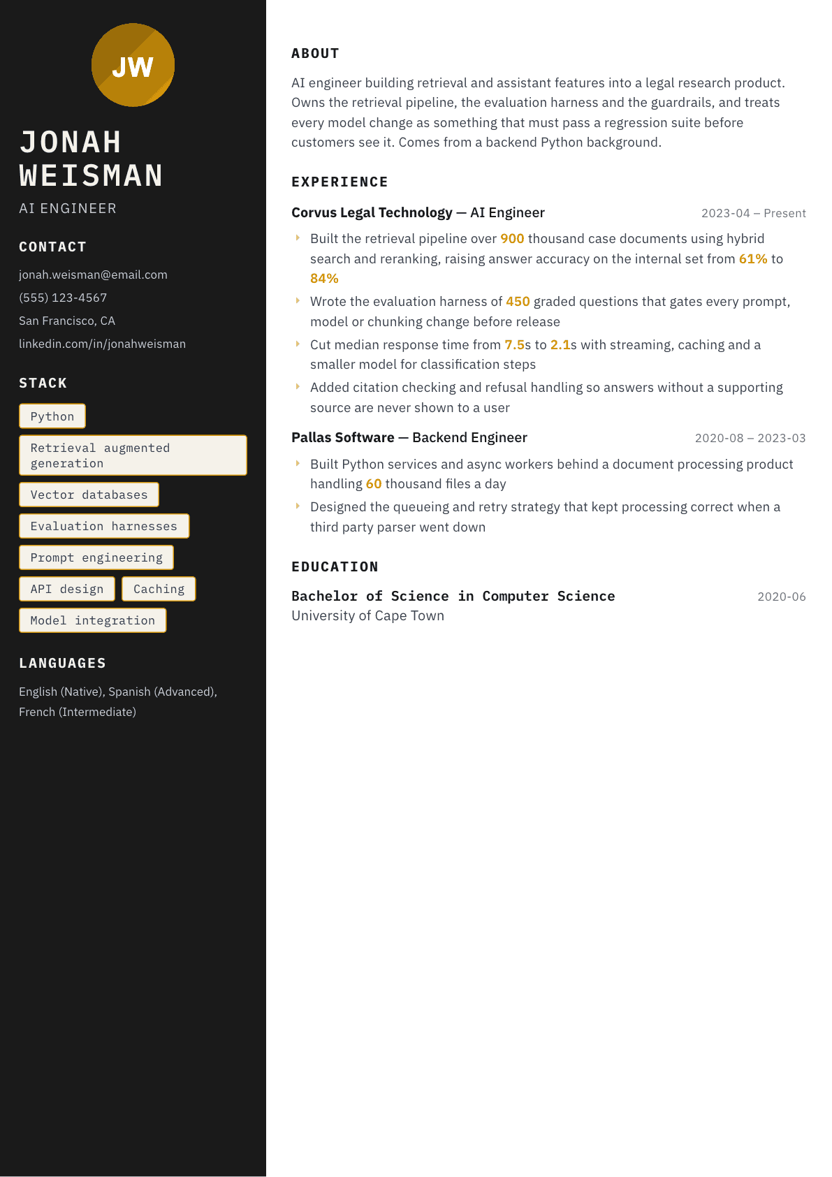 AI Engineer resume example, Neon template