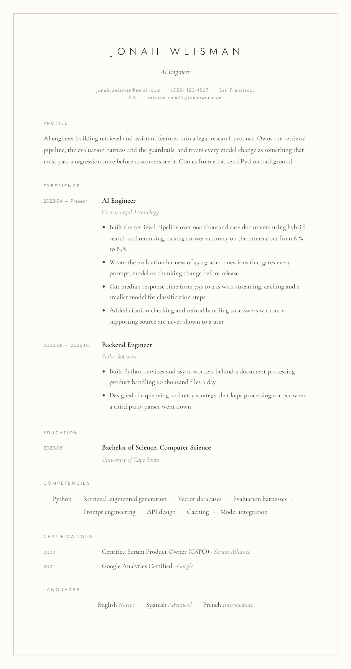 AI Engineer resume example, Vellum template