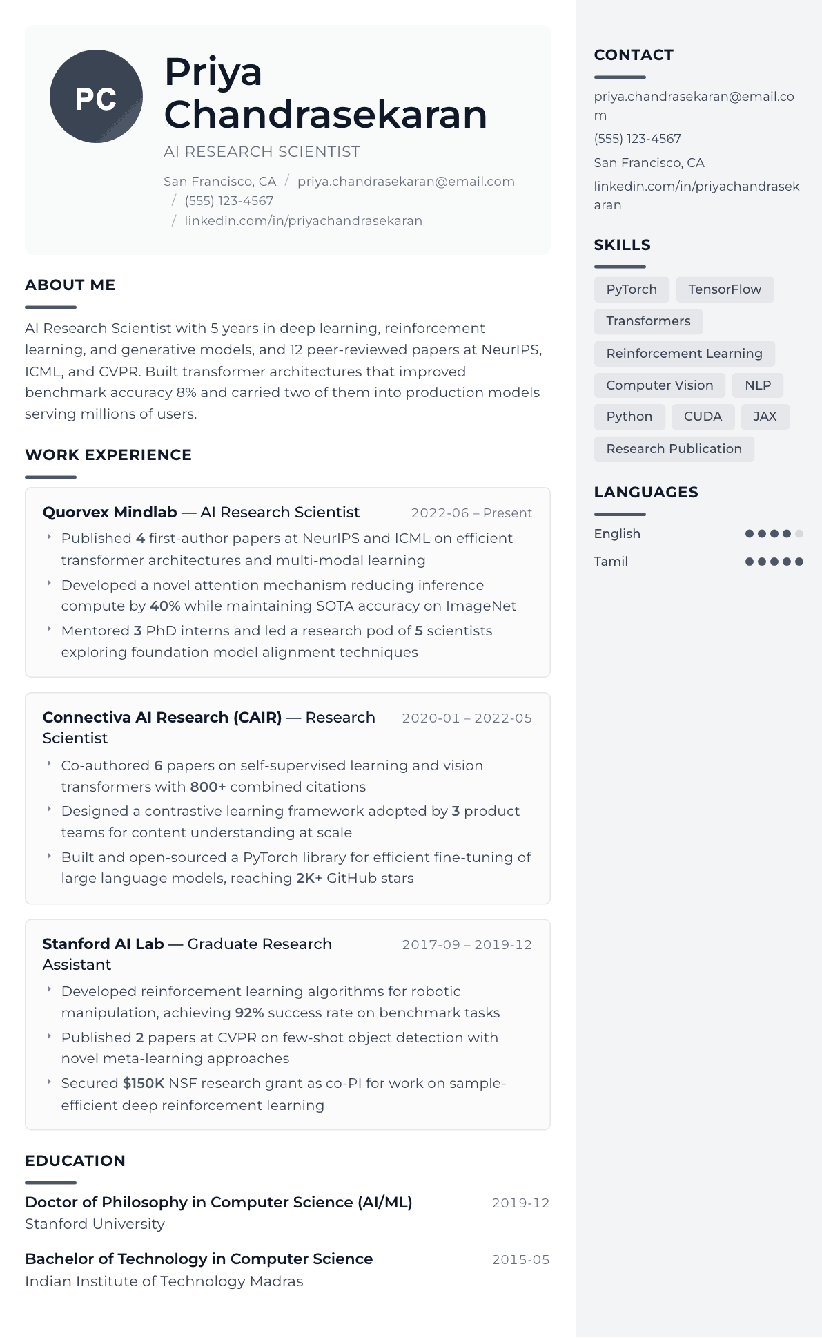 AI Research Scientist resume example, Metropolitan template