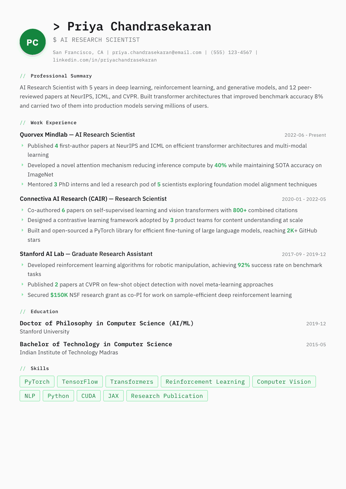 AI Research Scientist resume example, Amsterdam template