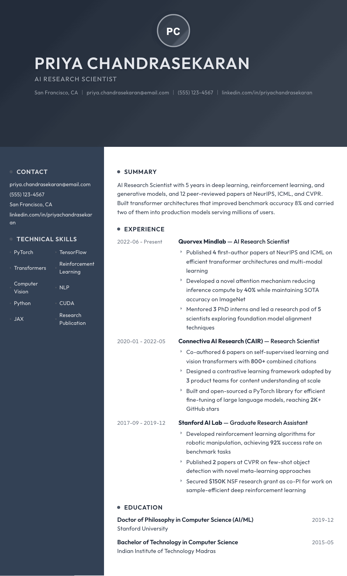 AI Research Scientist resume example, Binary template