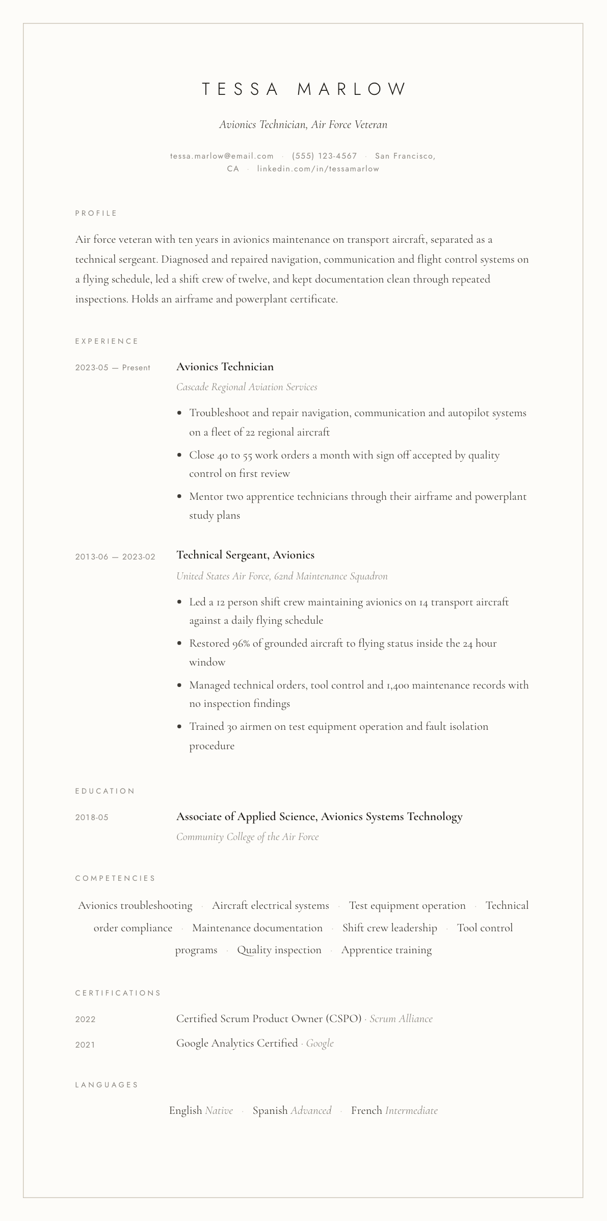 Air Force Veteran resume example, Vellum template