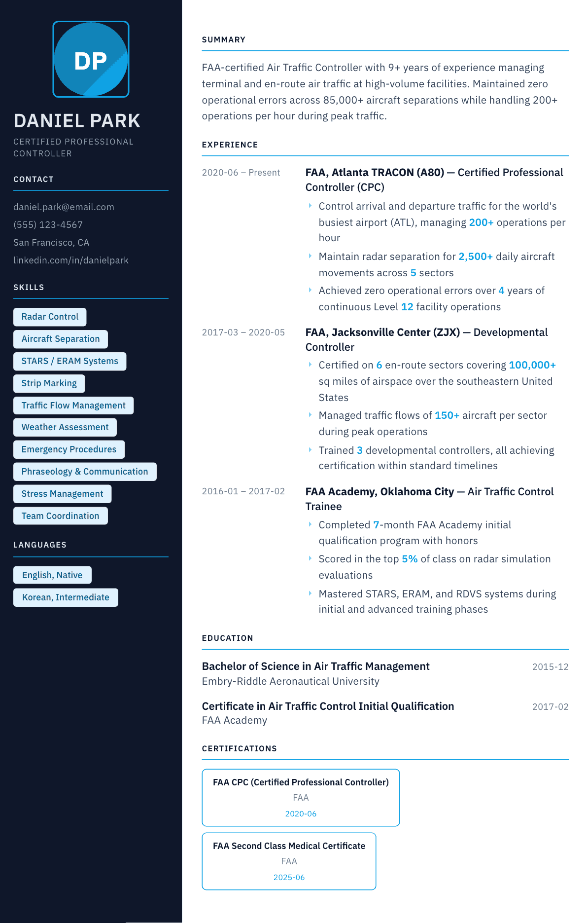 Air Traffic Controller resume example, Everest template