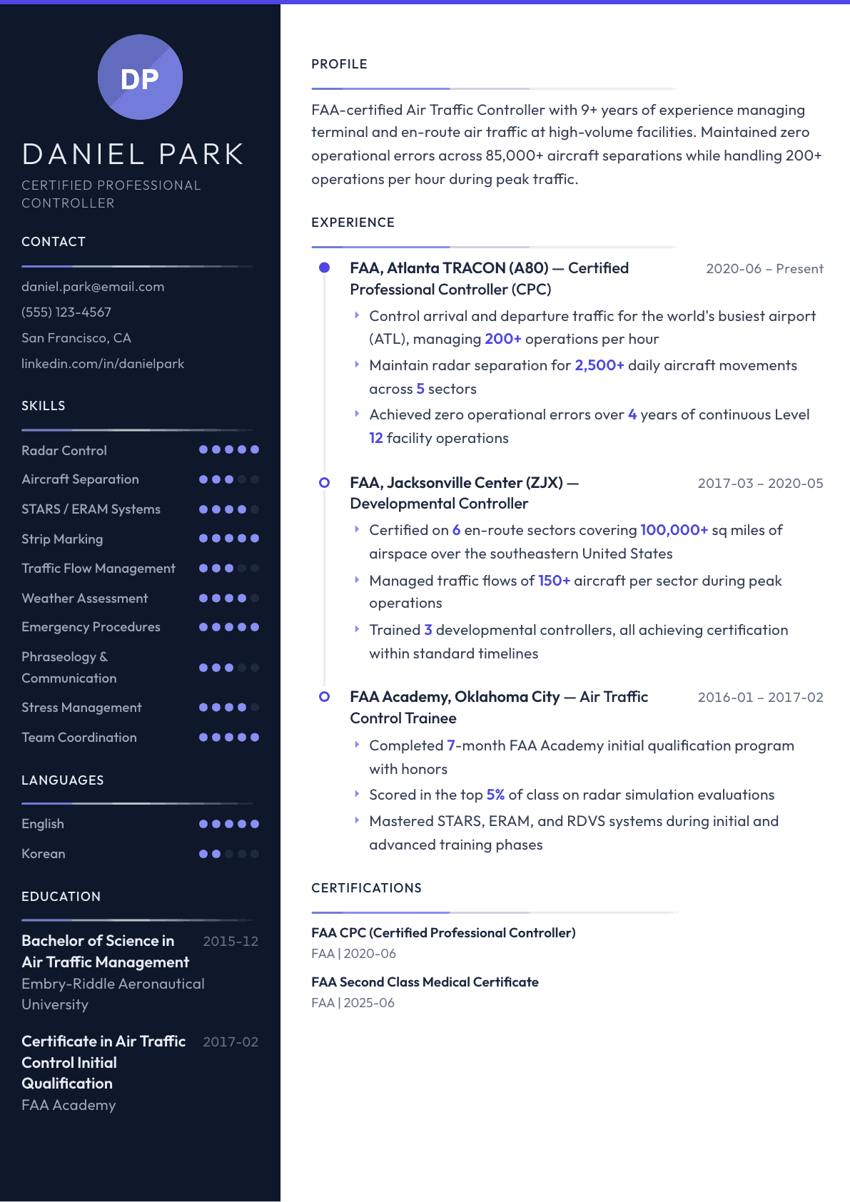 Air Traffic Controller resume example, Zenith template