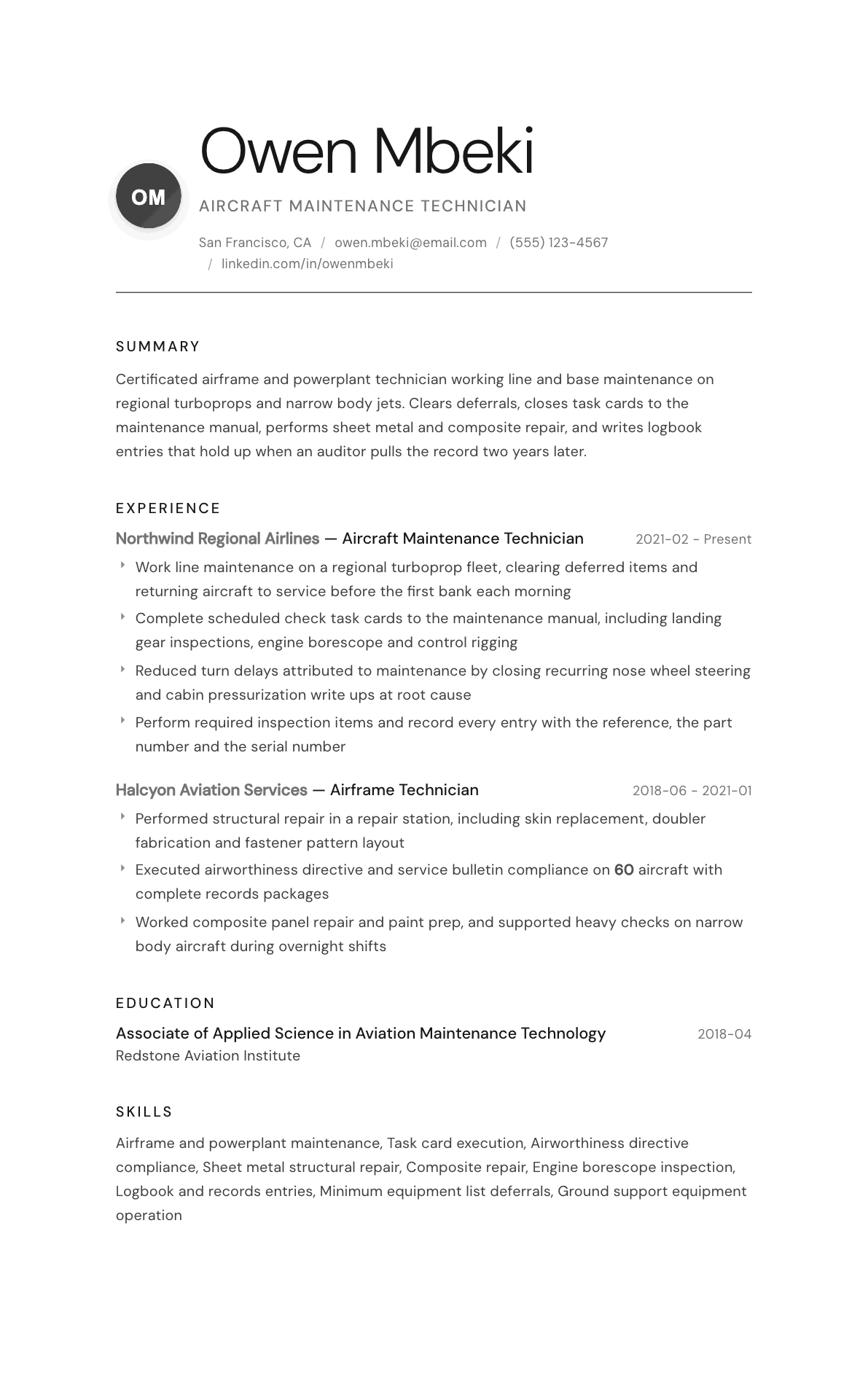 Aircraft Maintenance Technician resume example, Whisper template
