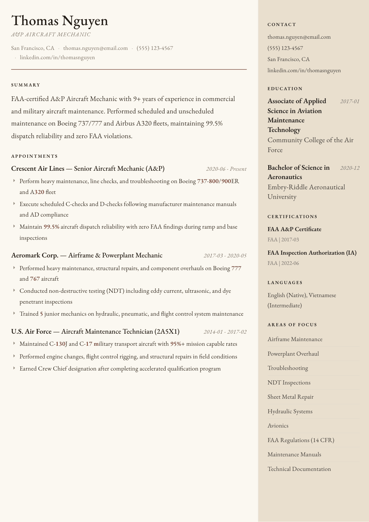 Aircraft Mechanic resume example, Manuscript template