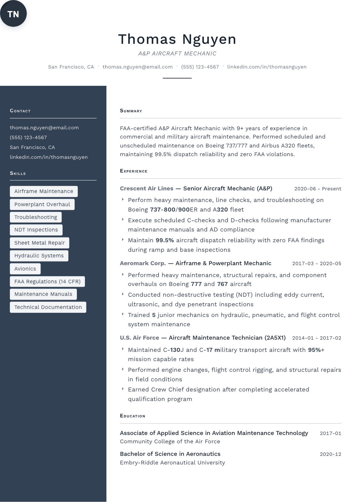 Aircraft Mechanic resume example, Fold template