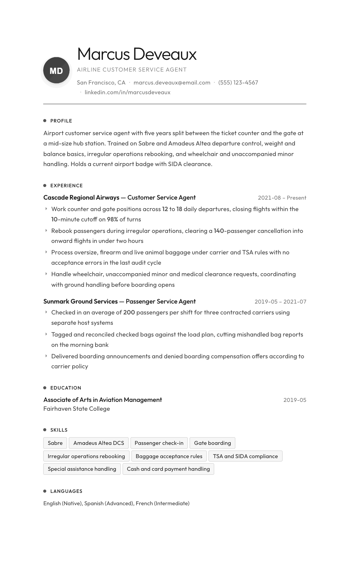 Airline Customer Service Agent resume example, Flux template