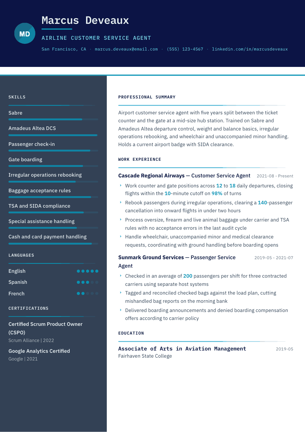 Airline Customer Service Agent resume example, Atlas template