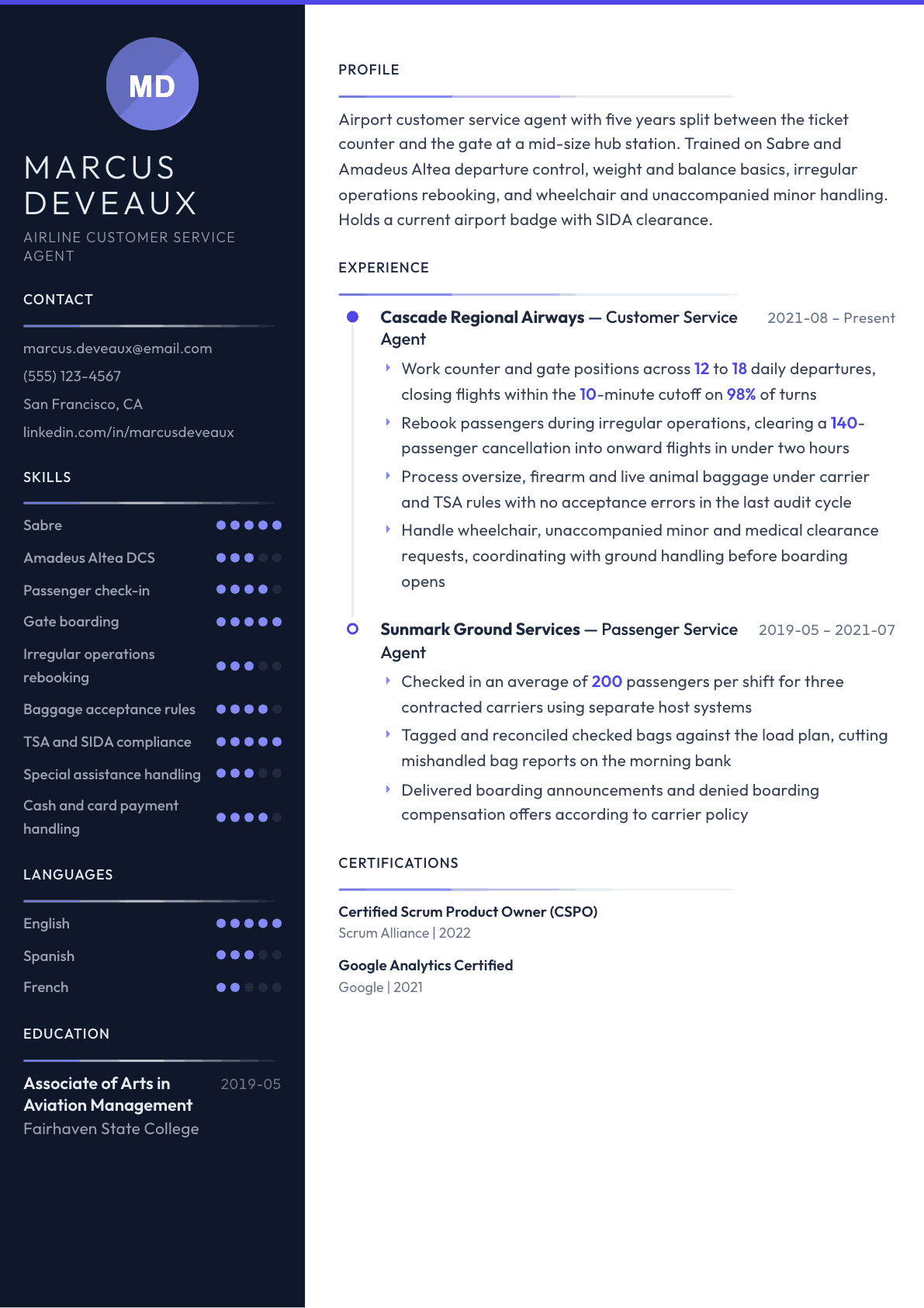 Airline Customer Service Agent resume example, Zenith template