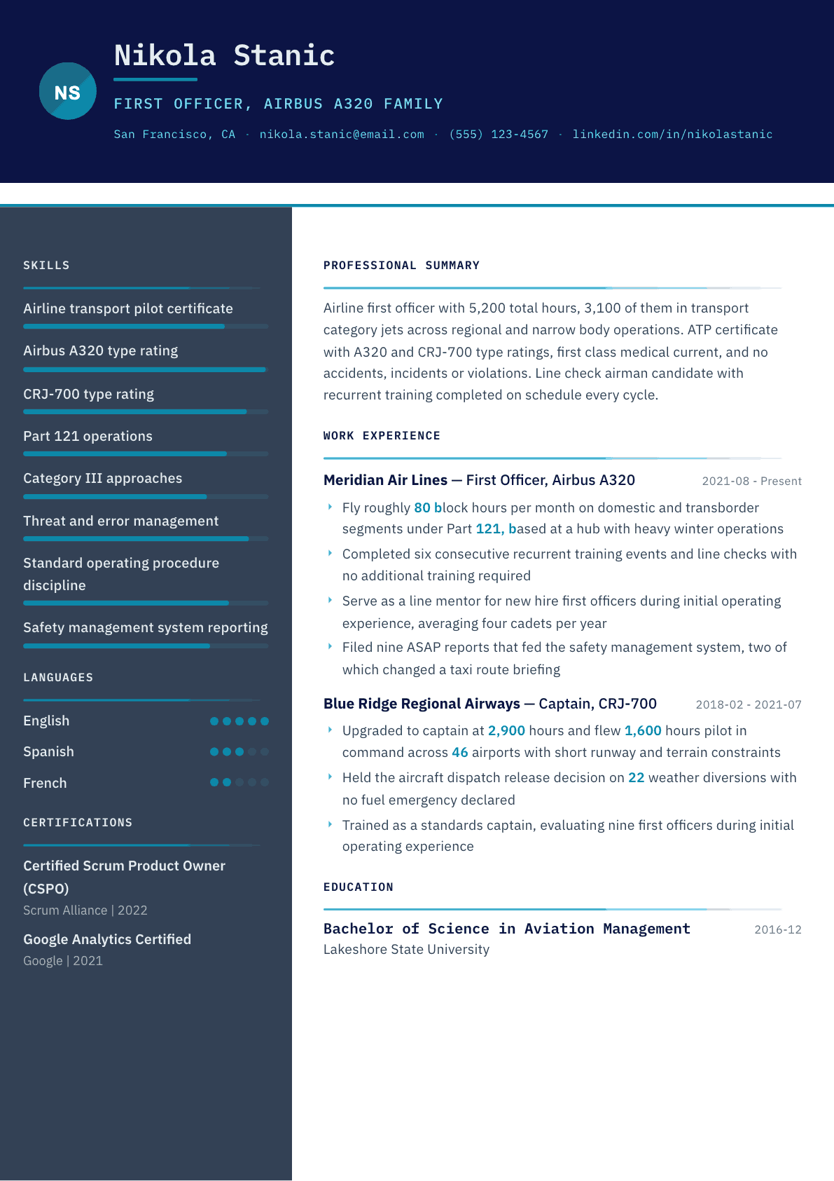 Airline Pilot resume example, Atlas template
