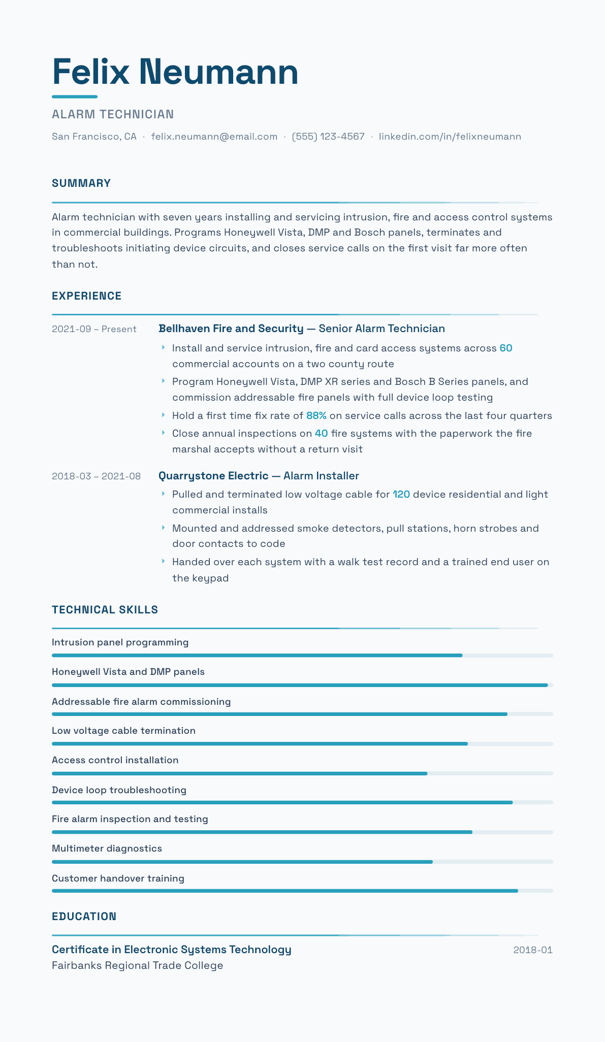 Alarm Technician resume example, Velocity template