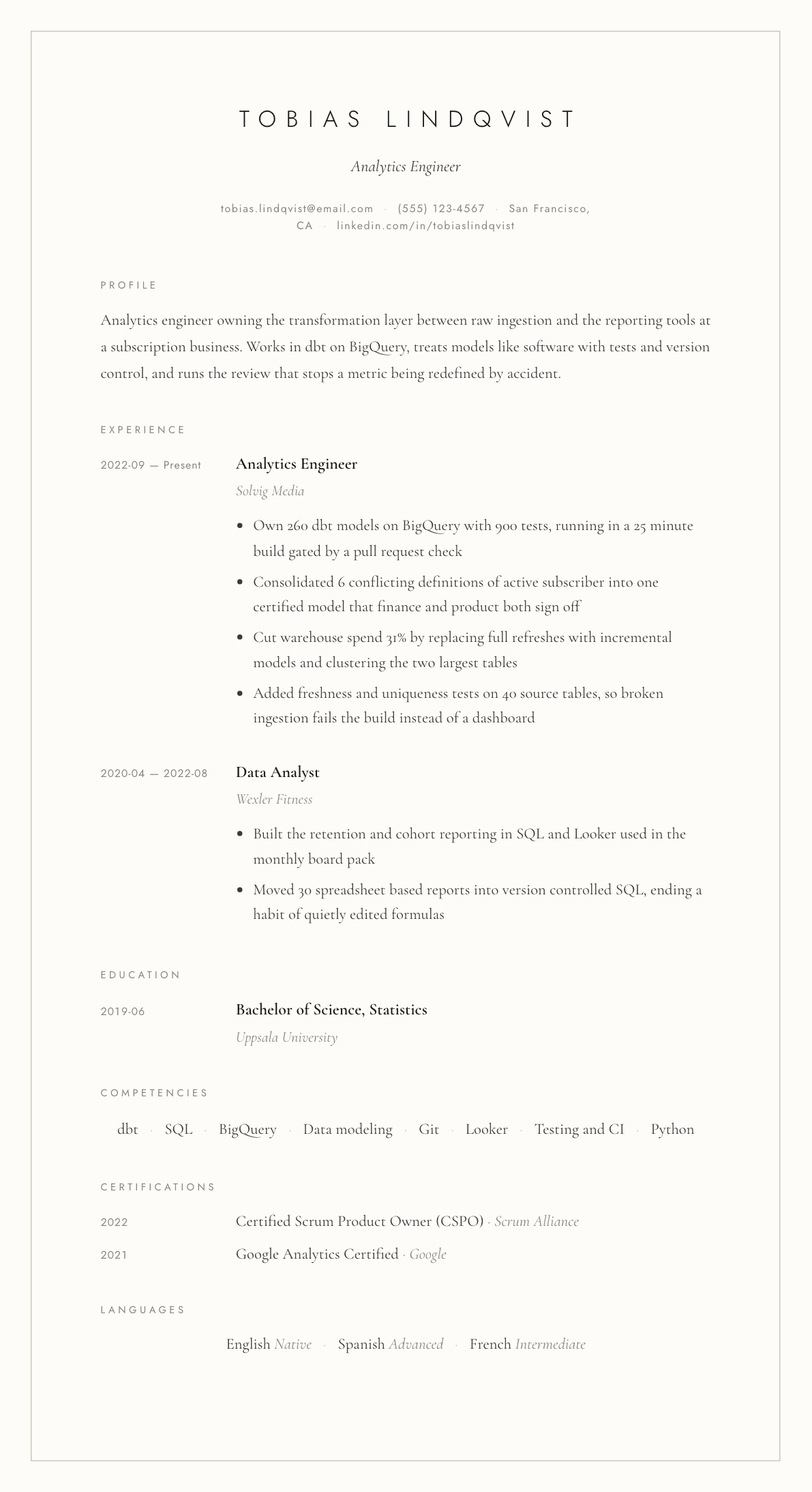 Analytics Engineer resume example, Vellum template