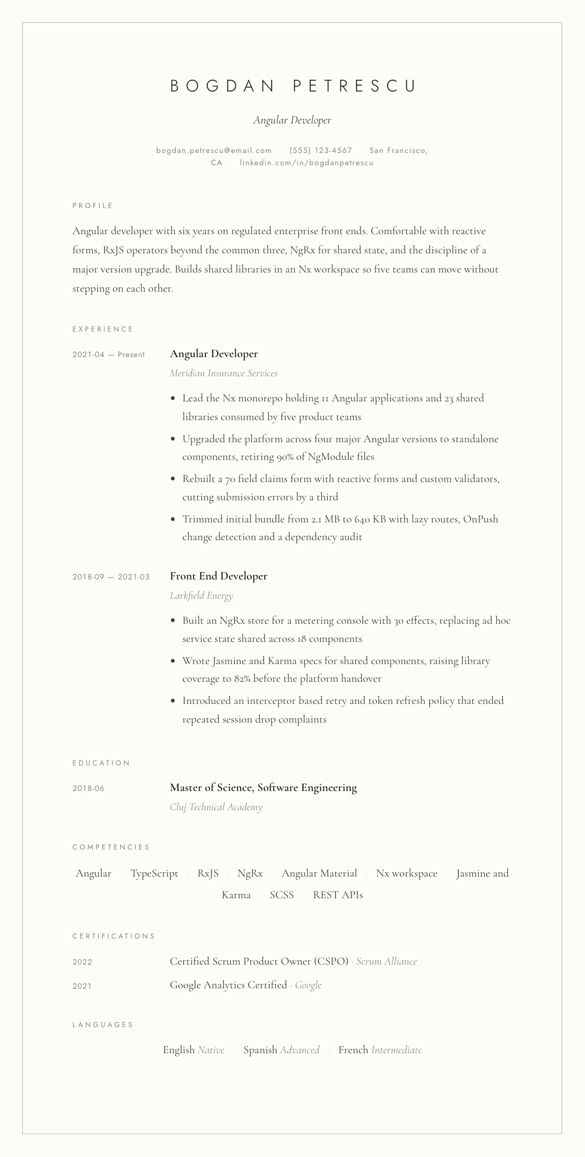 Angular Developer resume example, Vellum template