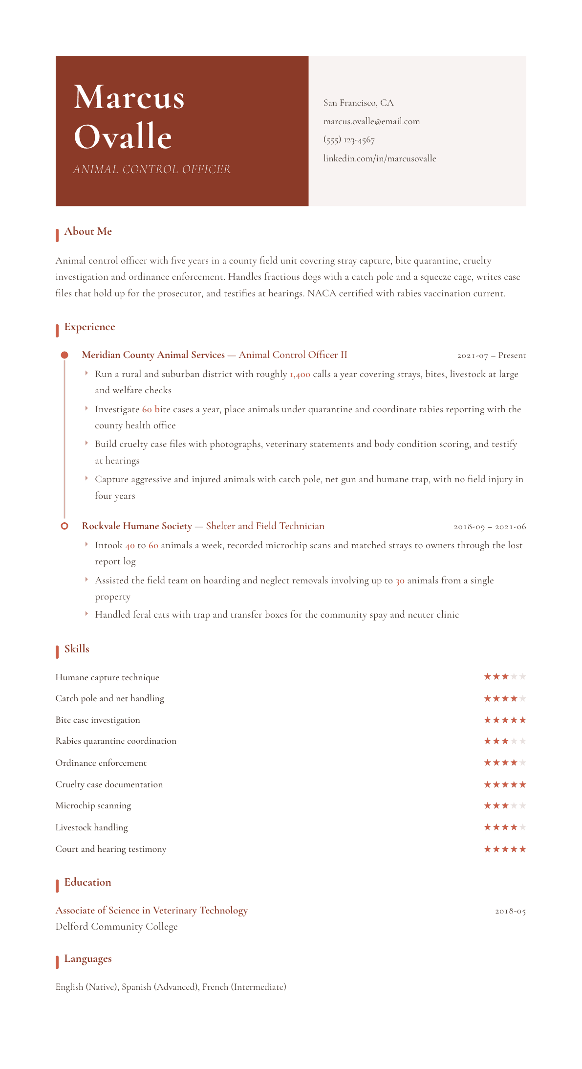 Animal Control Officer resume example, Artisan template