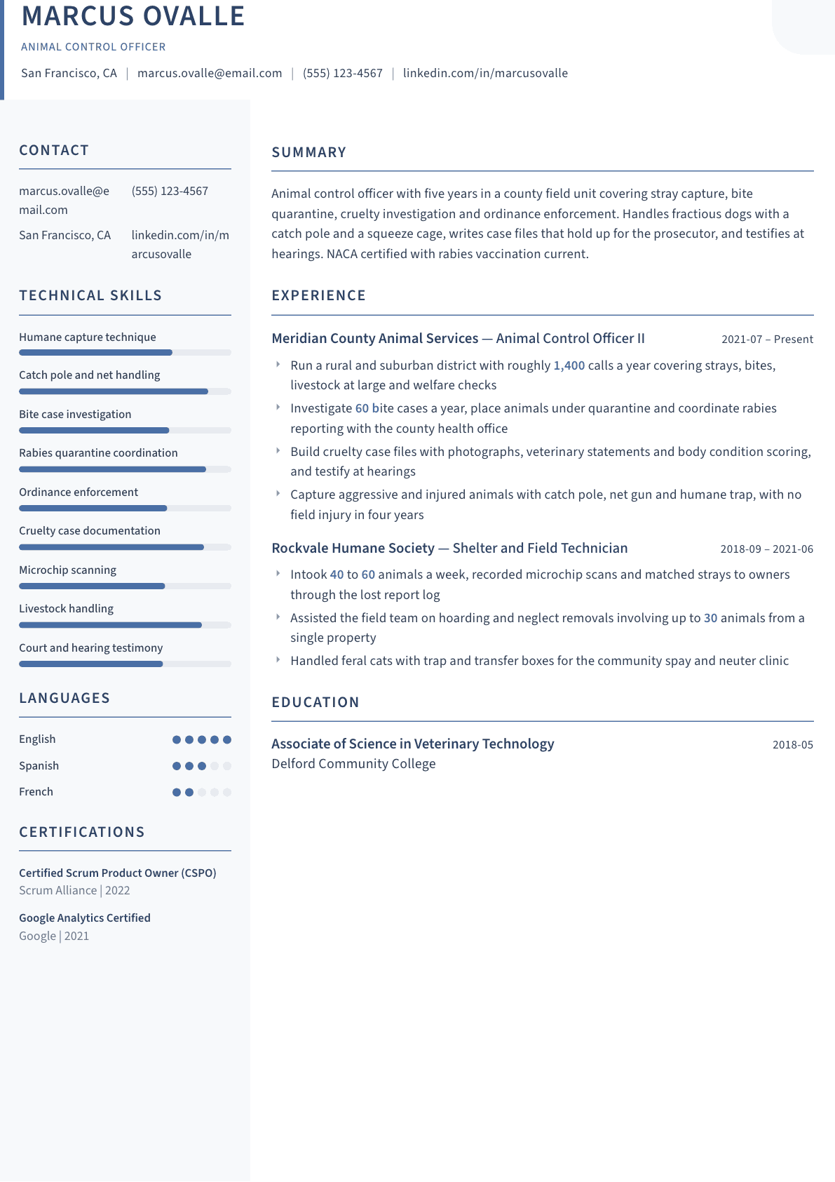 Animal Control Officer resume example, Summit template