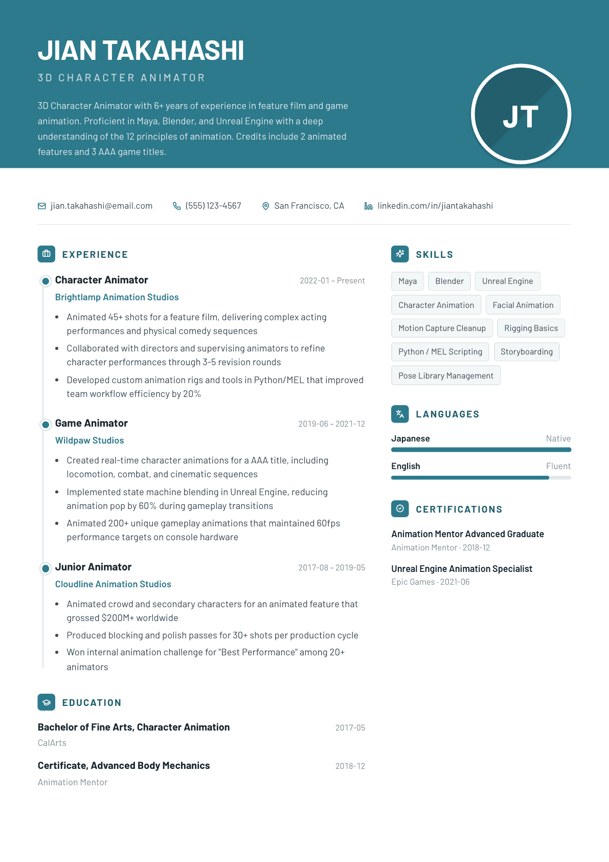 Animator resume example, Harbor template