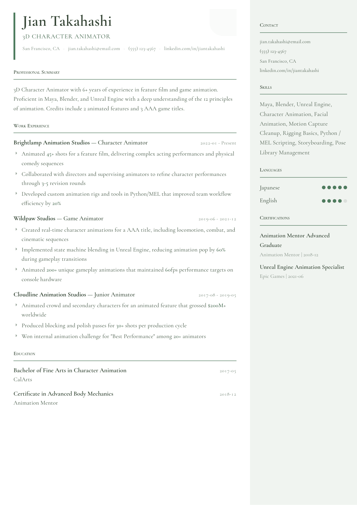 Animator resume example, Copenhagen template