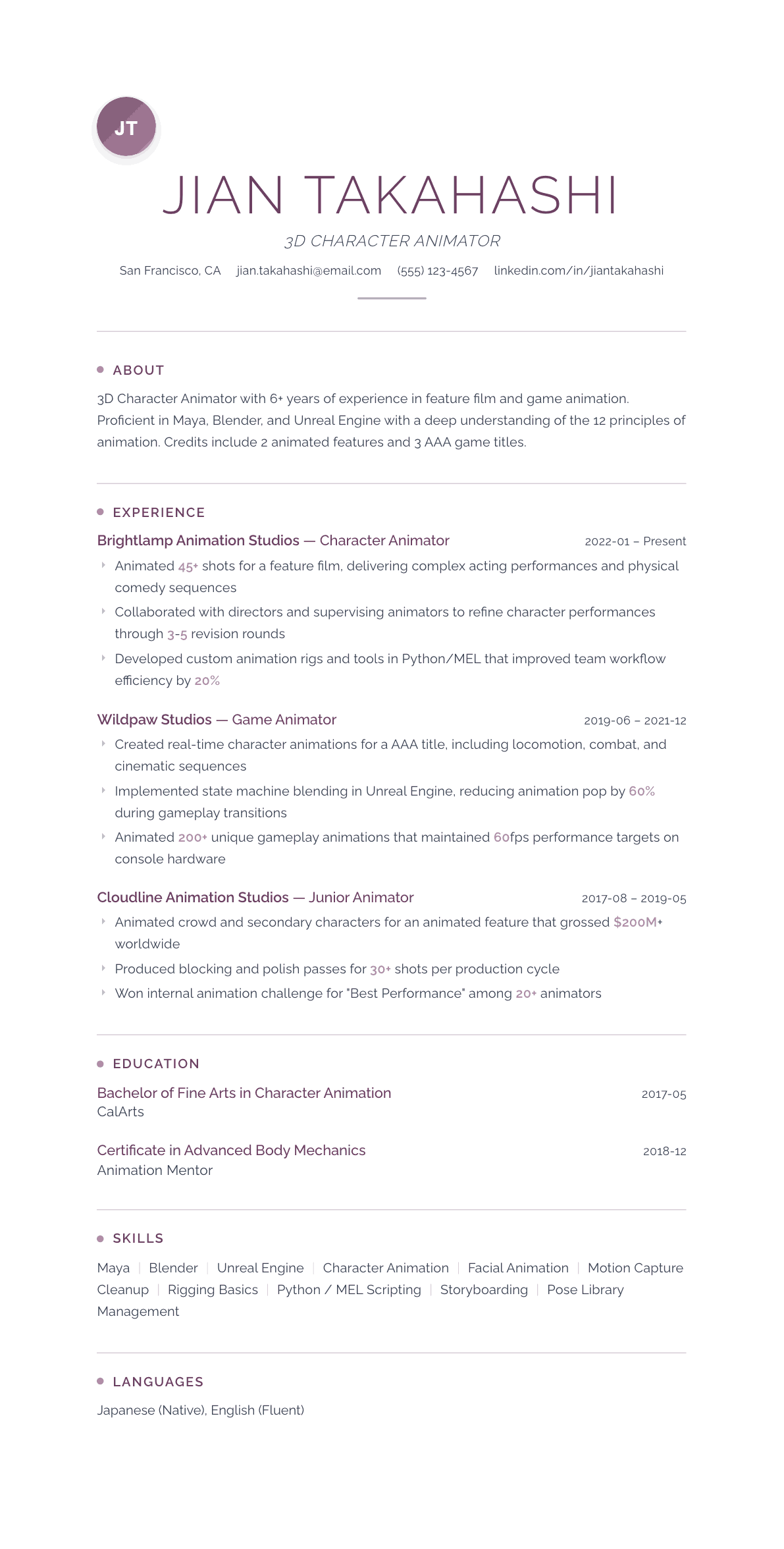 Animator resume example, Serenity template