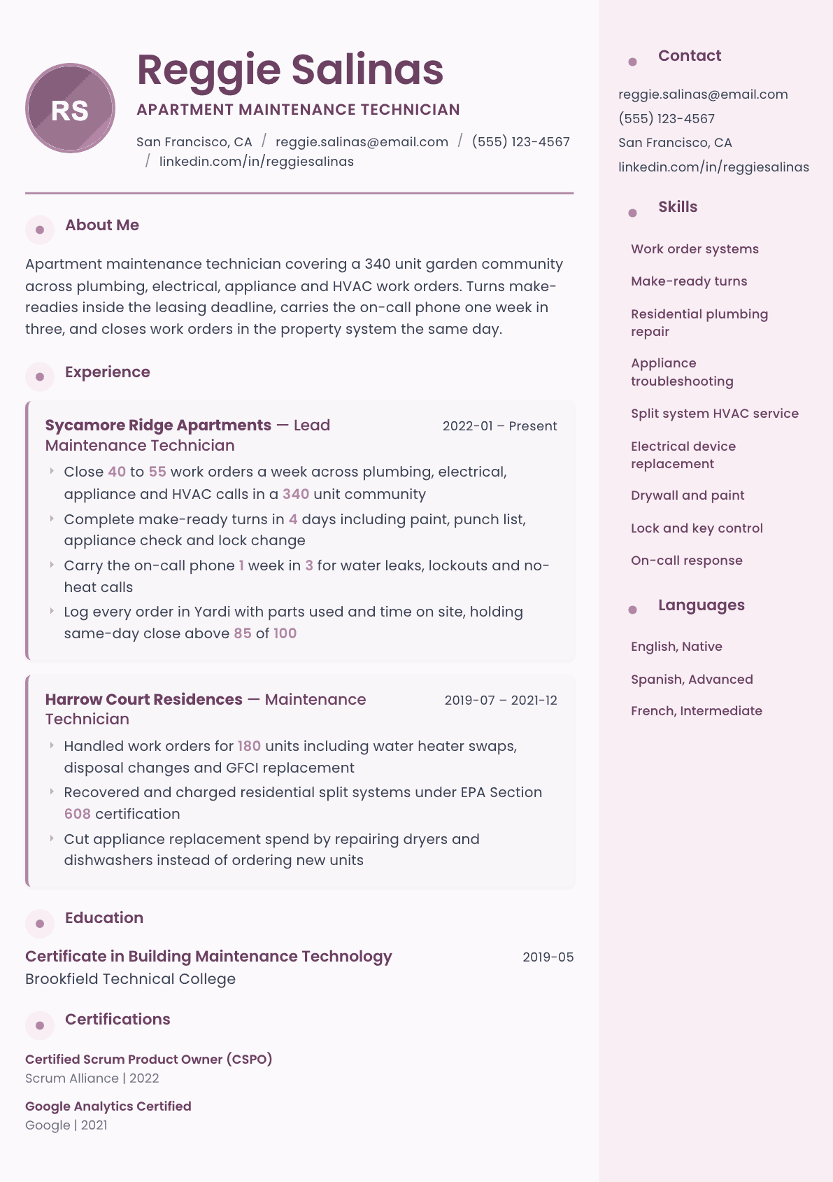 Apartment Maintenance Technician resume example, Bloom template