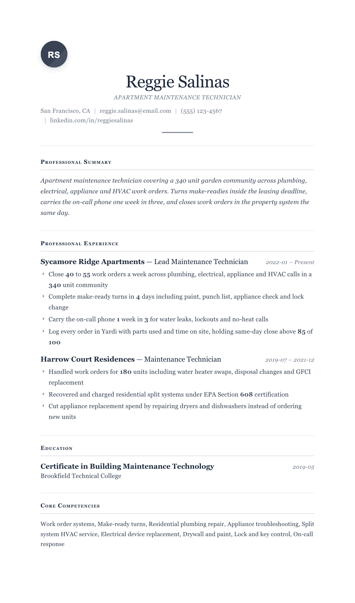 Apartment Maintenance Technician resume example, Cornerstone template