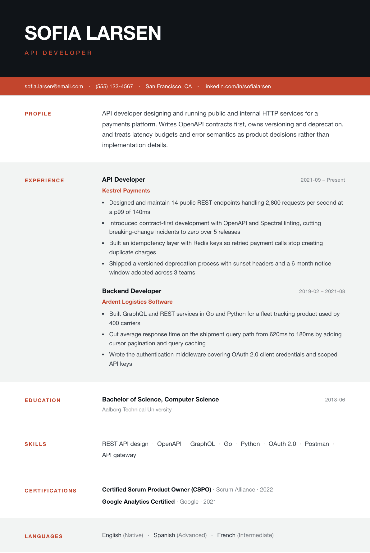 API Developer resume example, Strata template