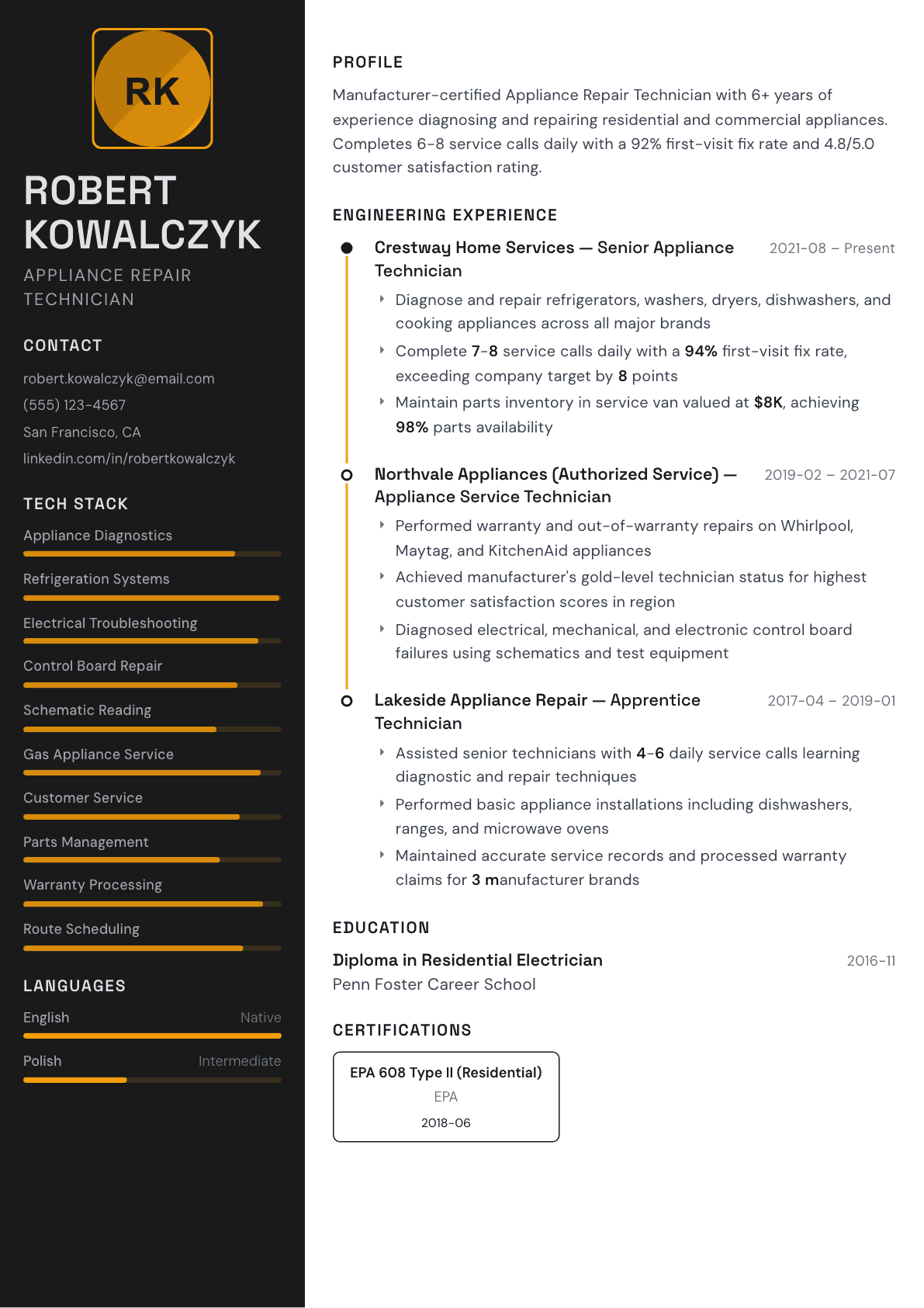 Appliance Repair Technician resume example, Architect template