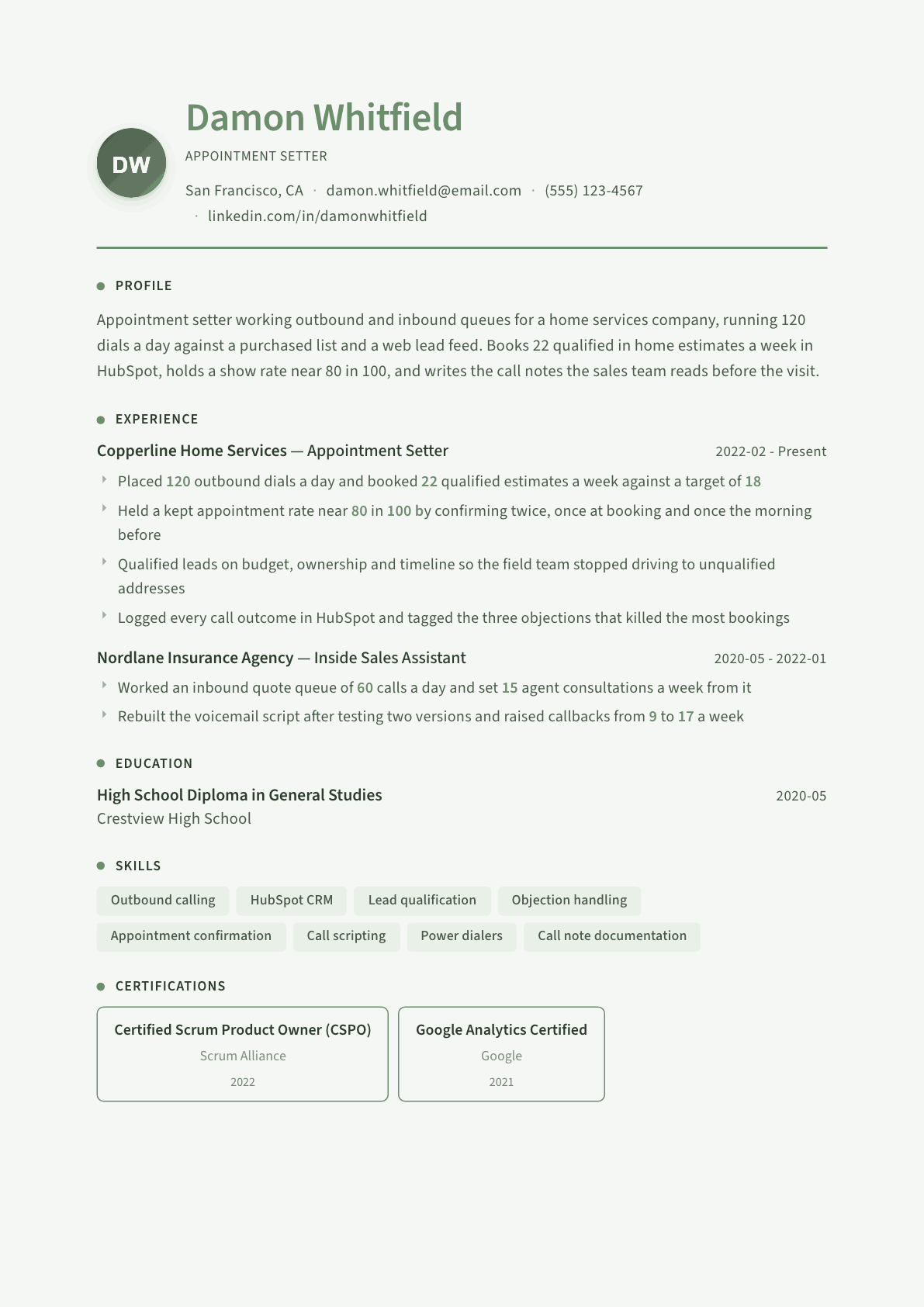 Appointment Setter resume example, Sage Garden template