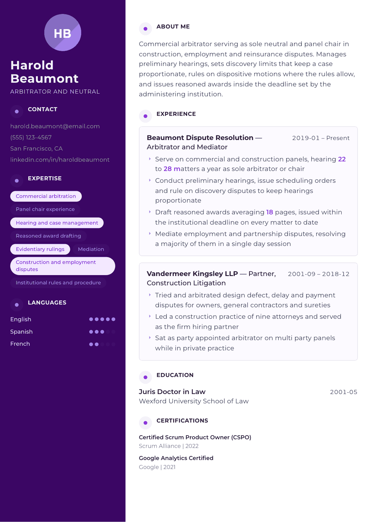 Arbitrator resume example, Palette template