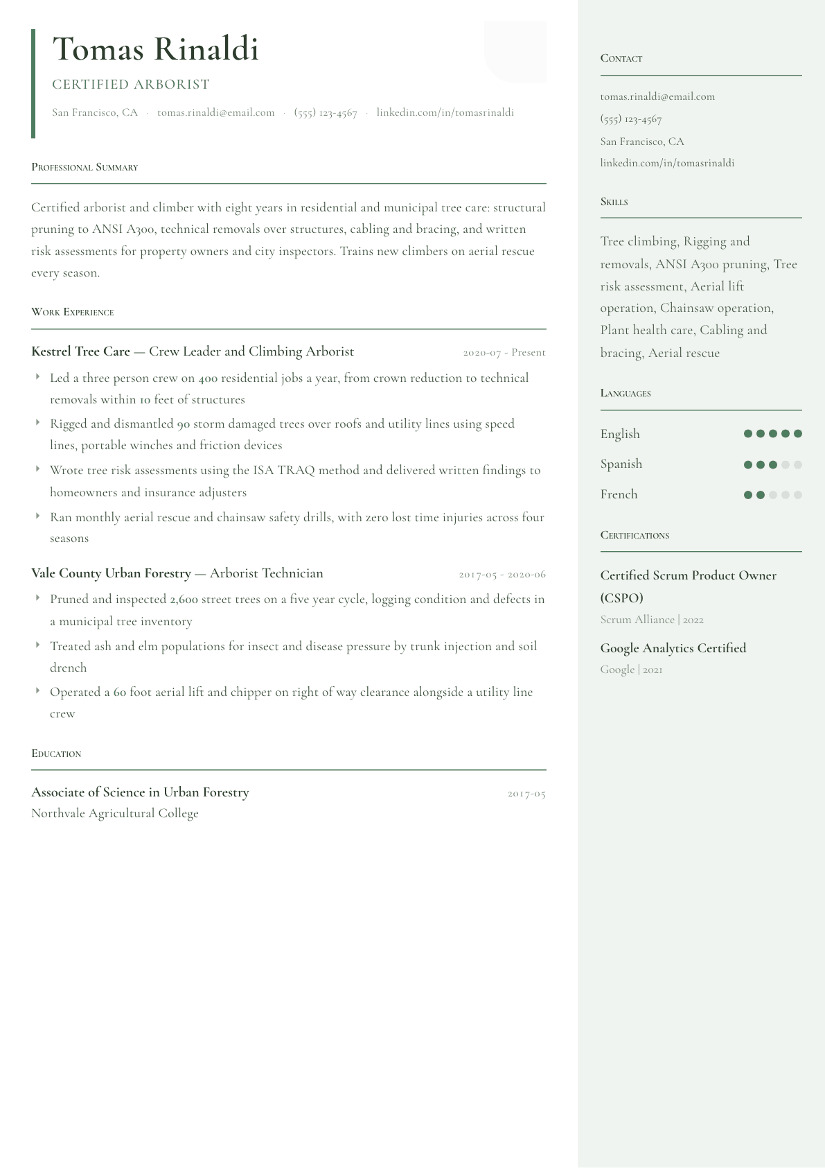Arborist resume example, Copenhagen template