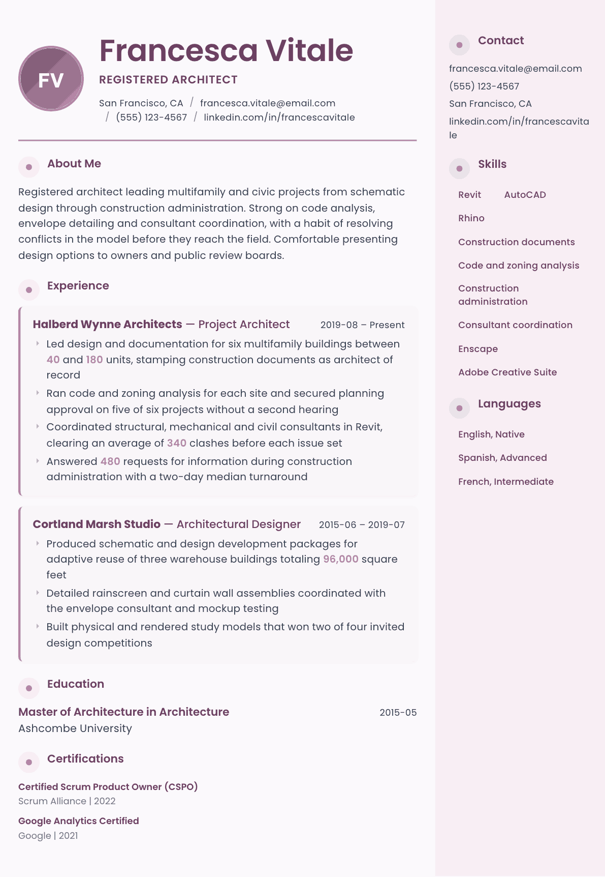 Architect resume example, Bloom template