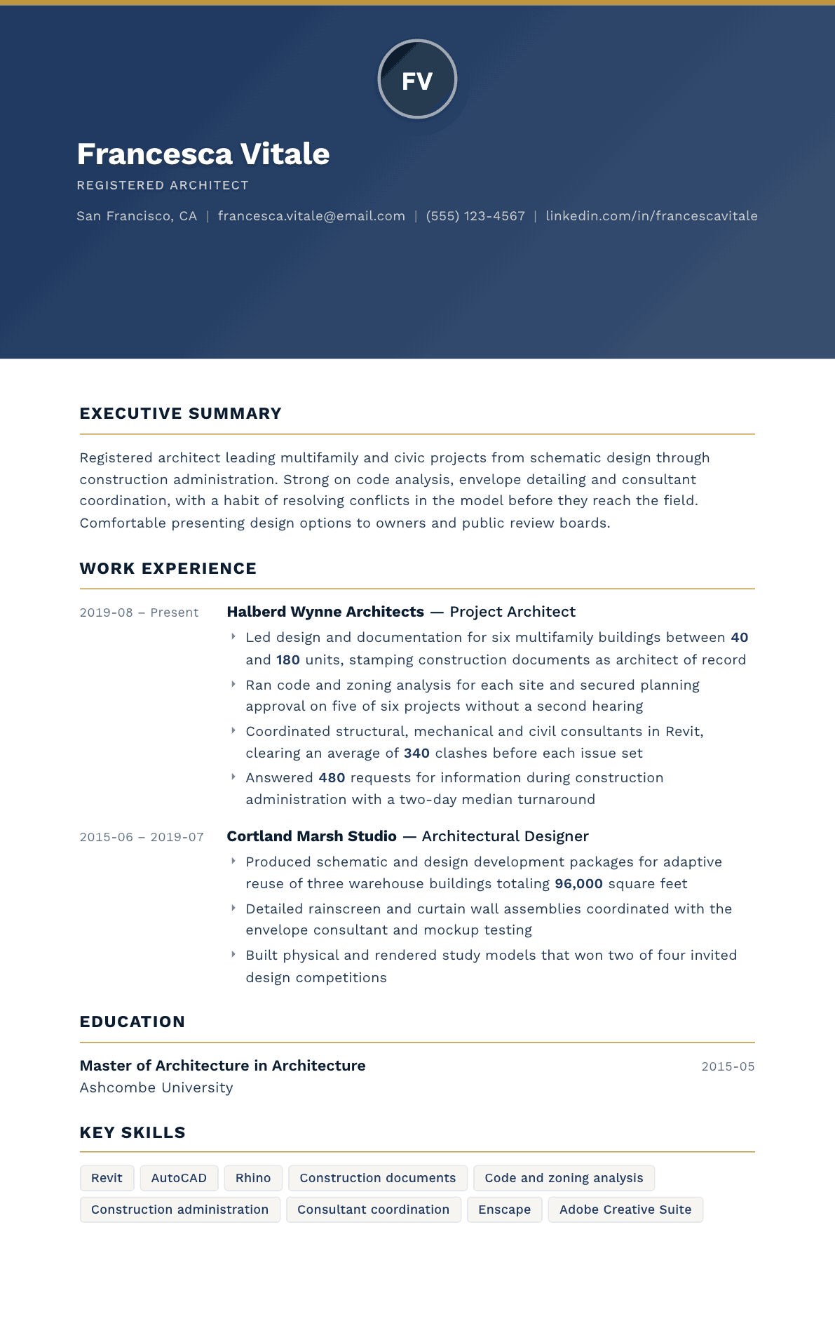 Architect resume example, Sovereign template