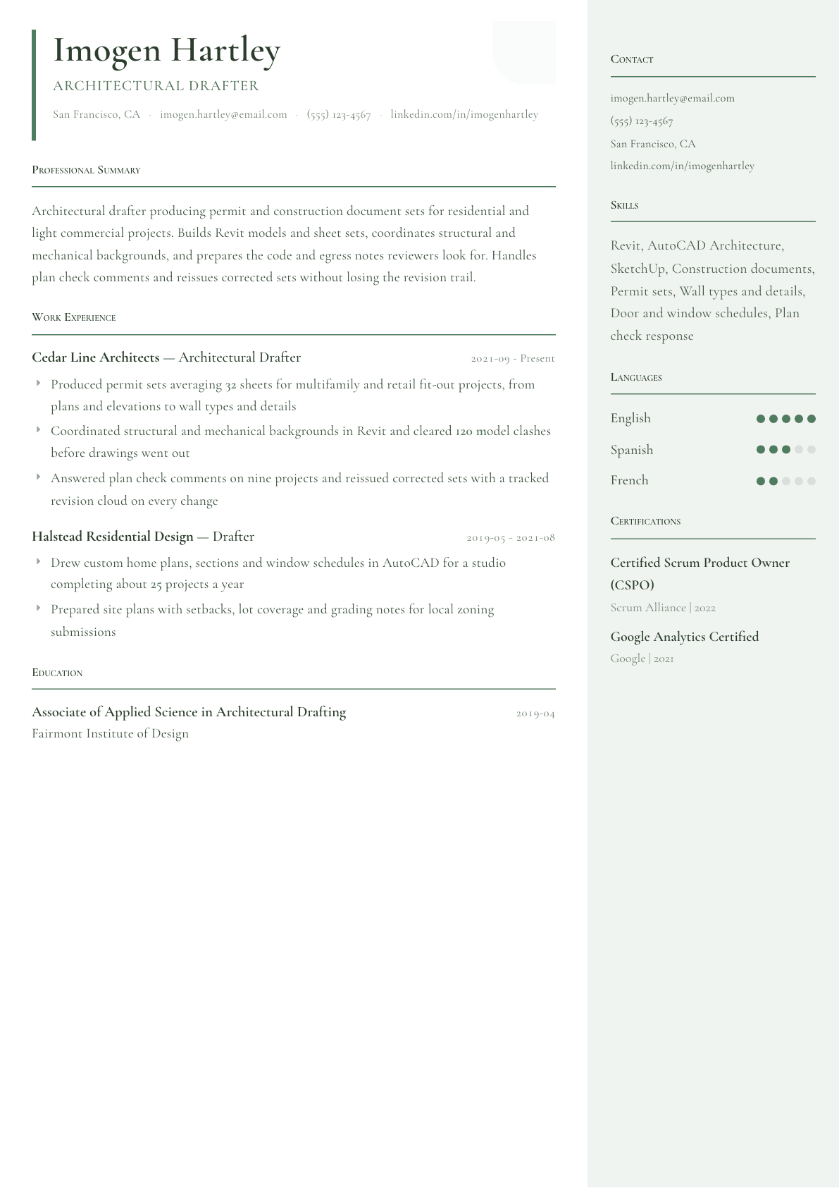 Architectural Drafter resume example, Copenhagen template