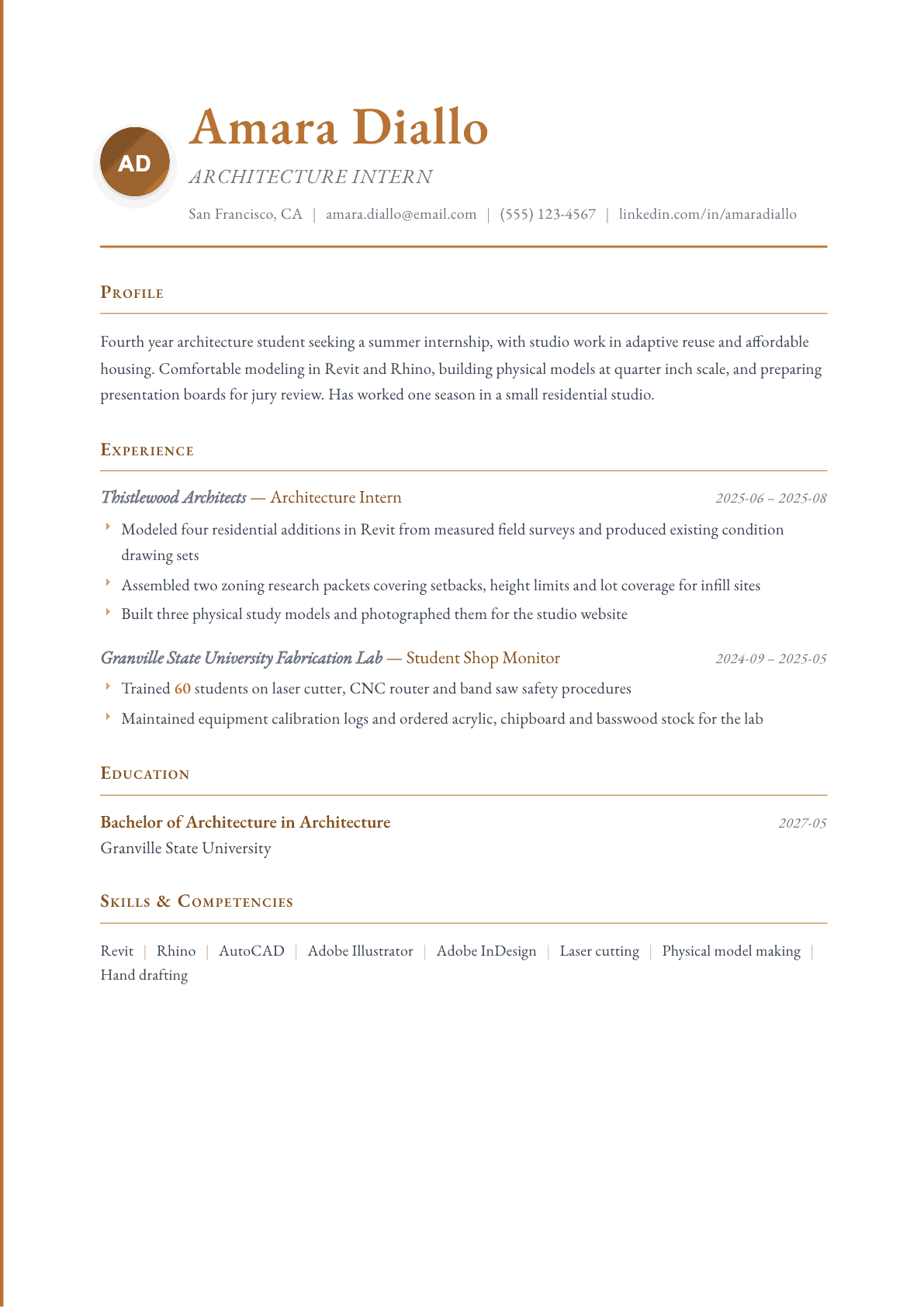 Architecture Intern resume example, Timeless template