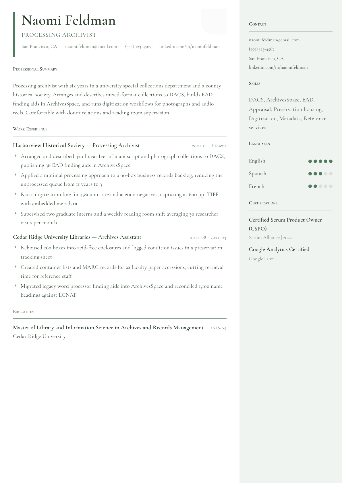 Archivist resume example, Copenhagen template