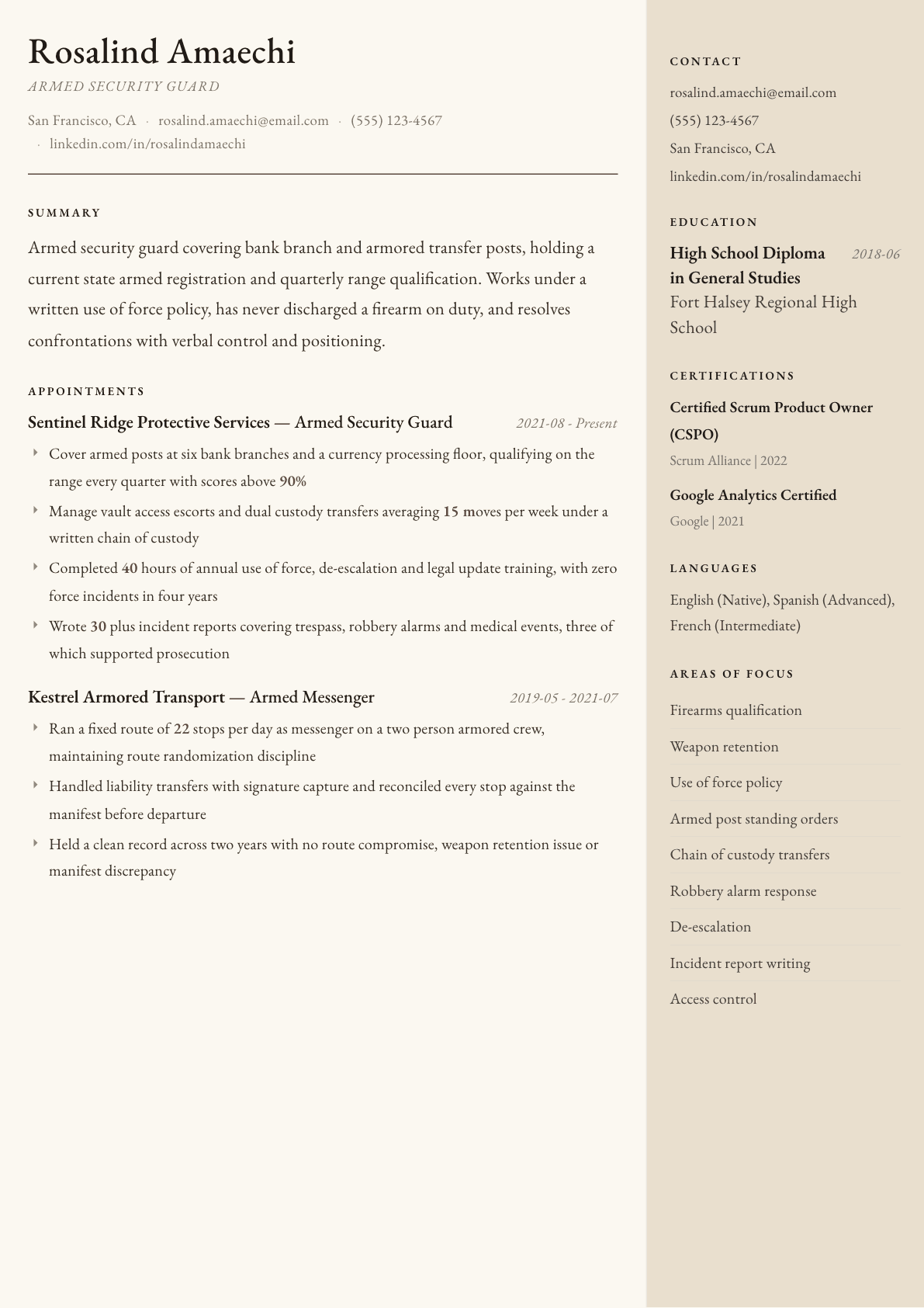 Armed Security Guard resume example, Manuscript template