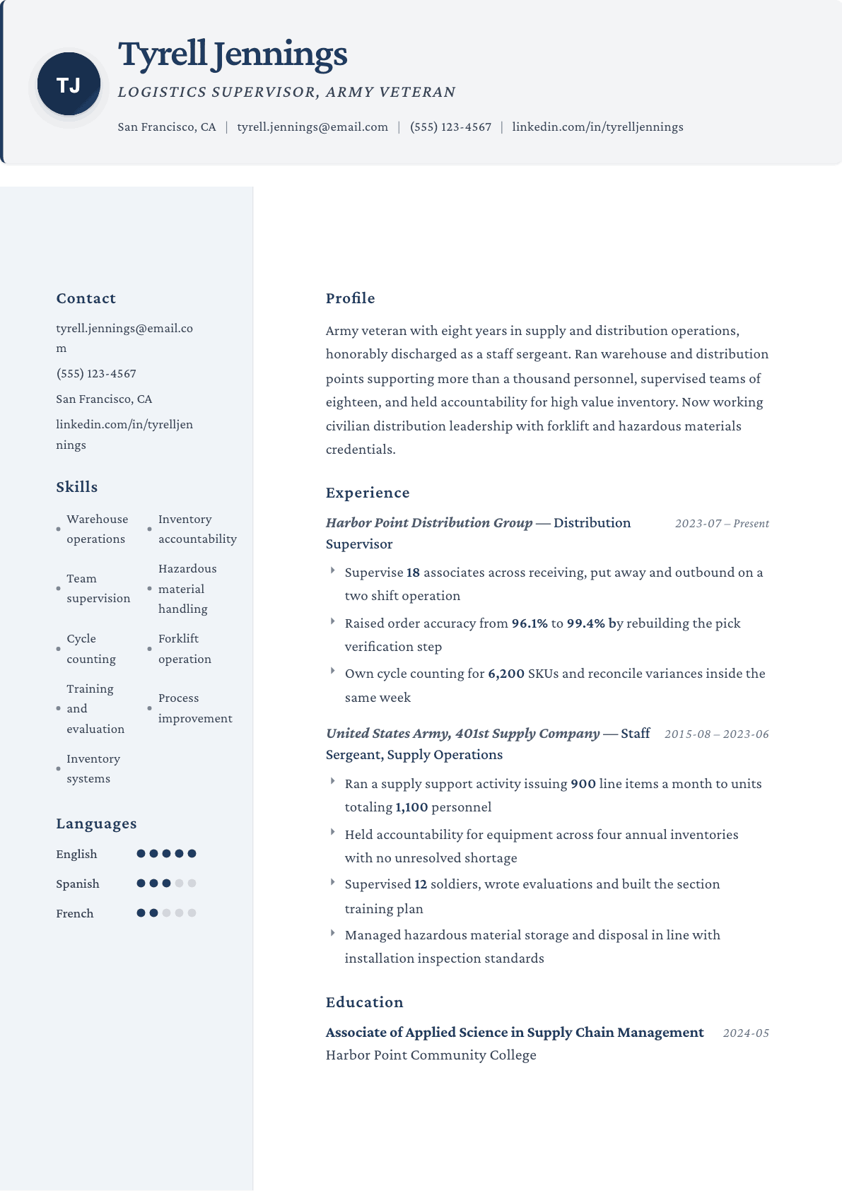 Army Veteran resume example, Formal template