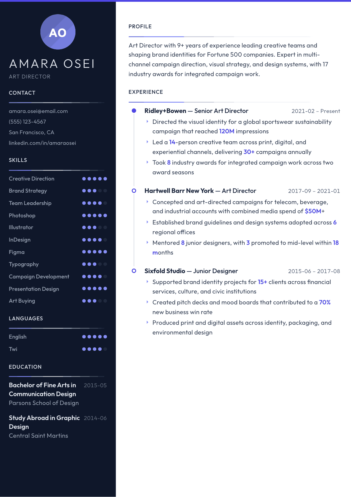 Art Director resume example, Zenith template