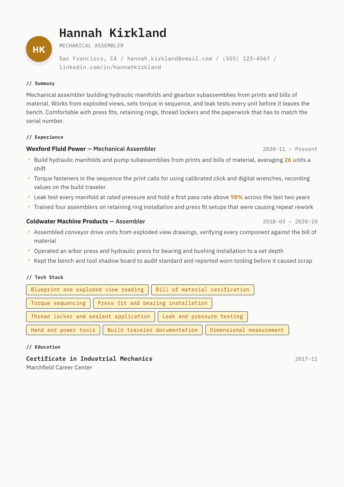 Assembler resume example, Inkwell template