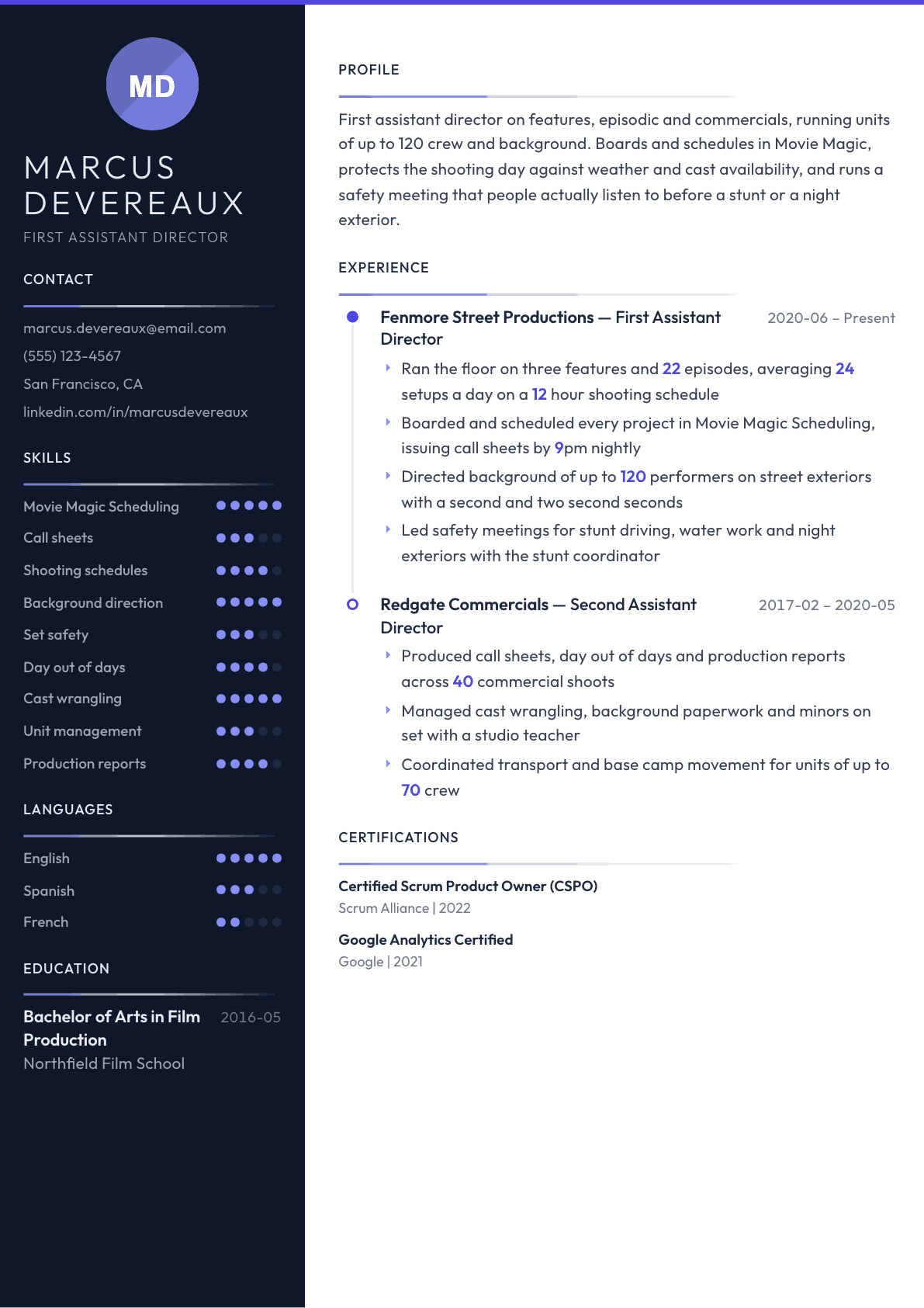 Assistant Director resume example, Zenith template