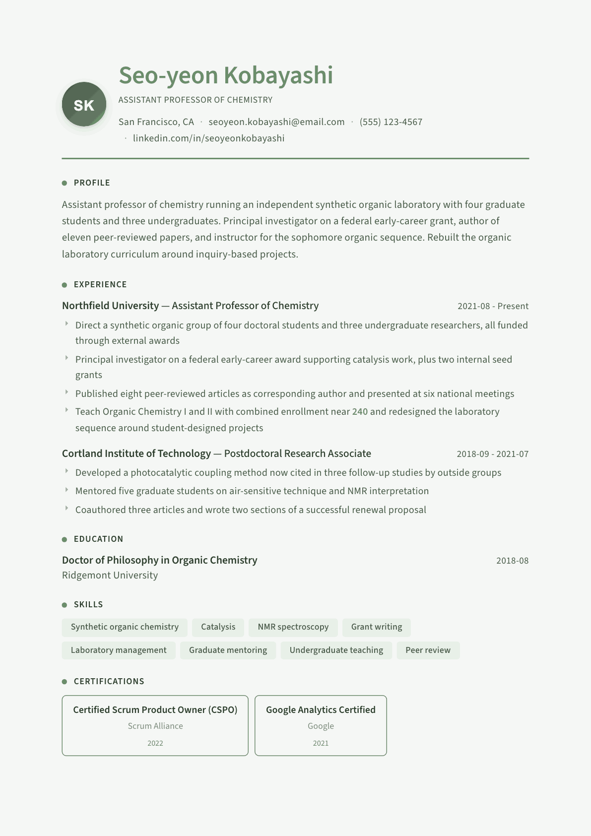 Assistant Professor resume example, Sage Garden template