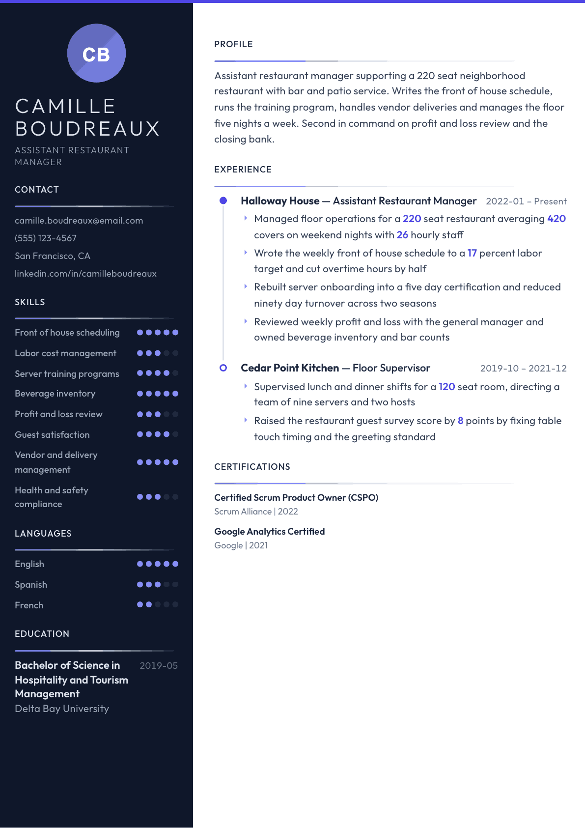 Assistant Restaurant Manager resume example, Zenith template