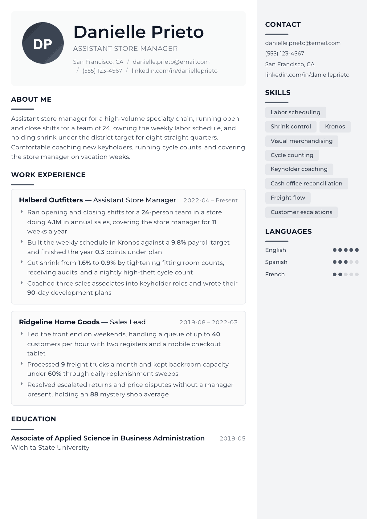 Assistant Store Manager resume example, Metropolitan template