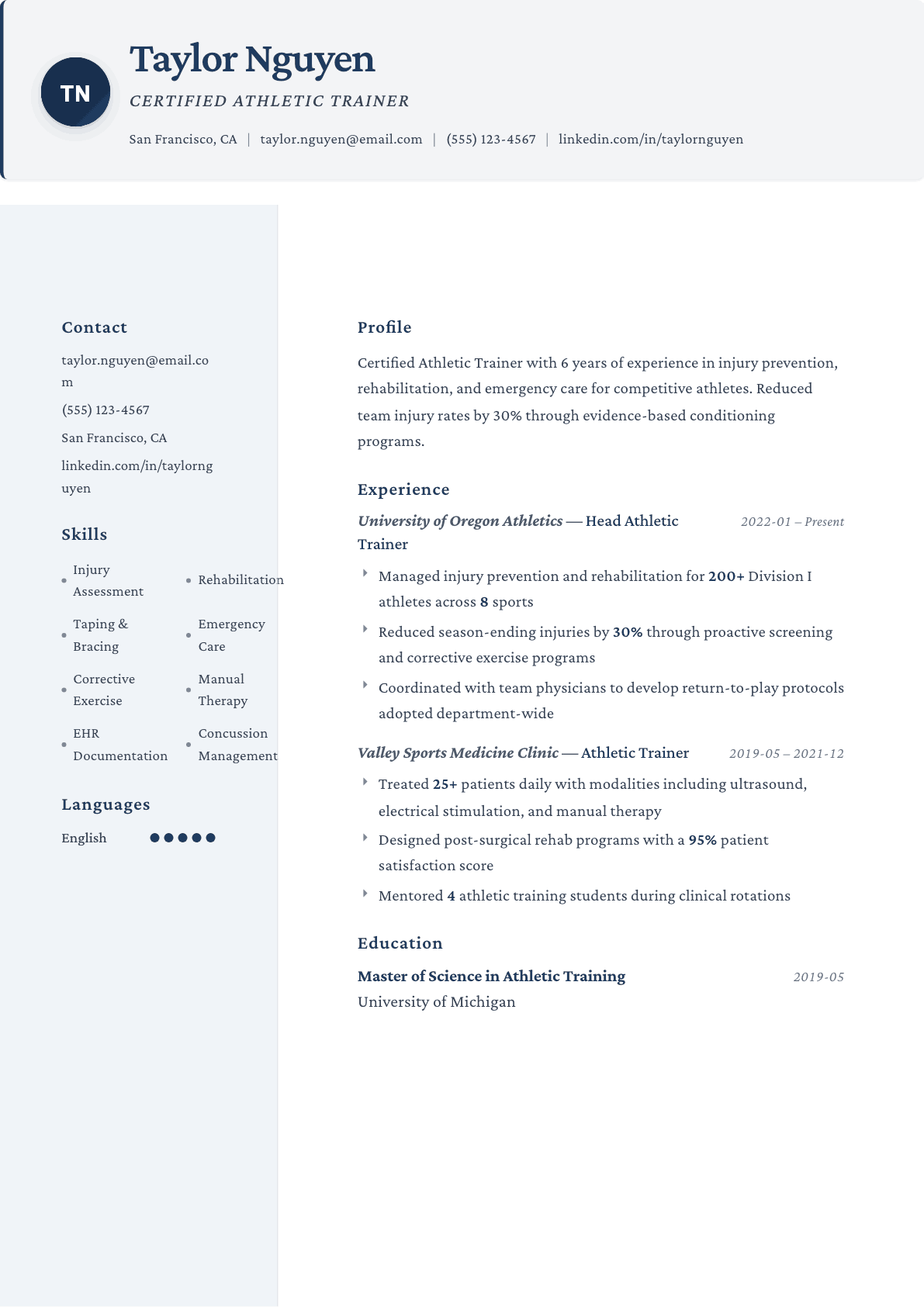 Athletic Trainer resume example, Formal template