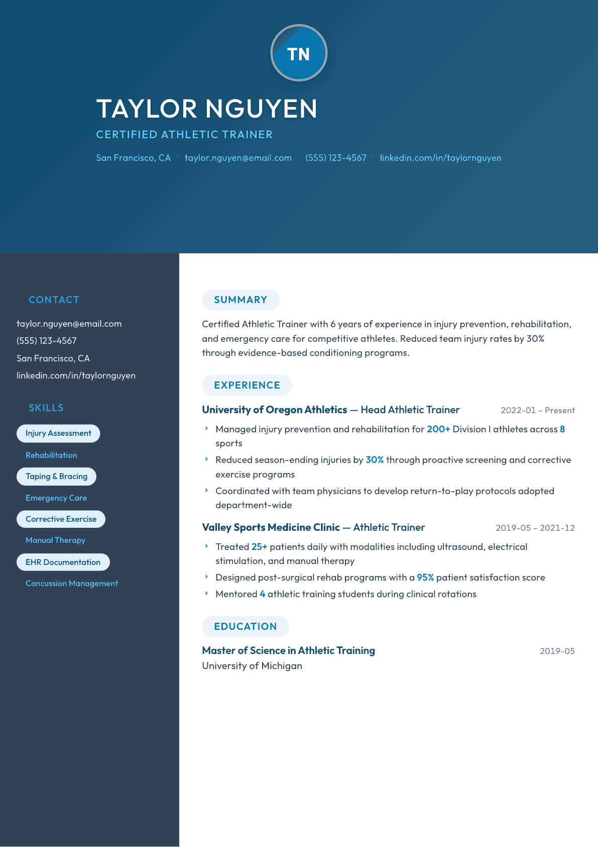 Athletic Trainer resume example, Nexus template