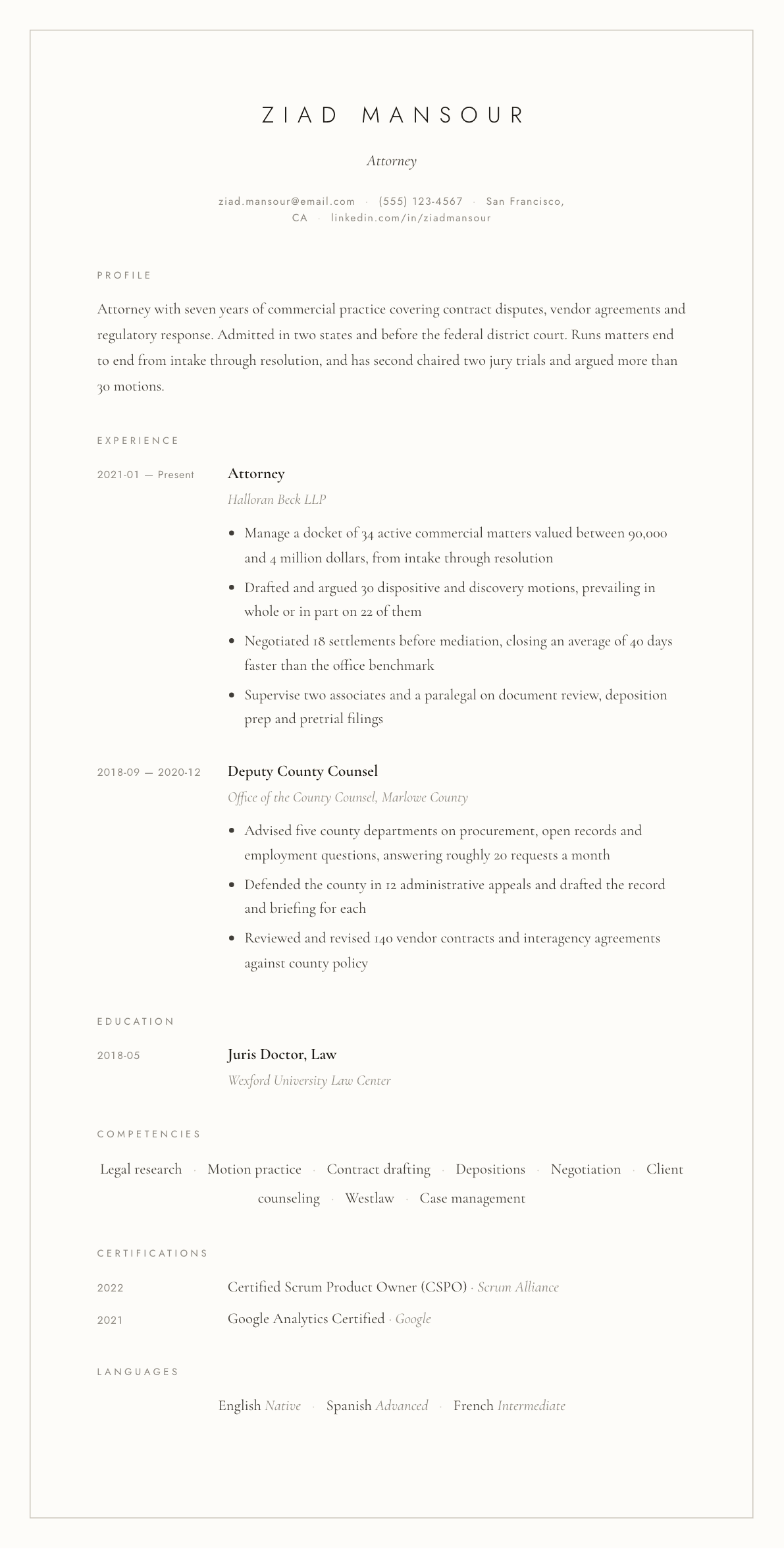 Attorney resume example, Vellum template